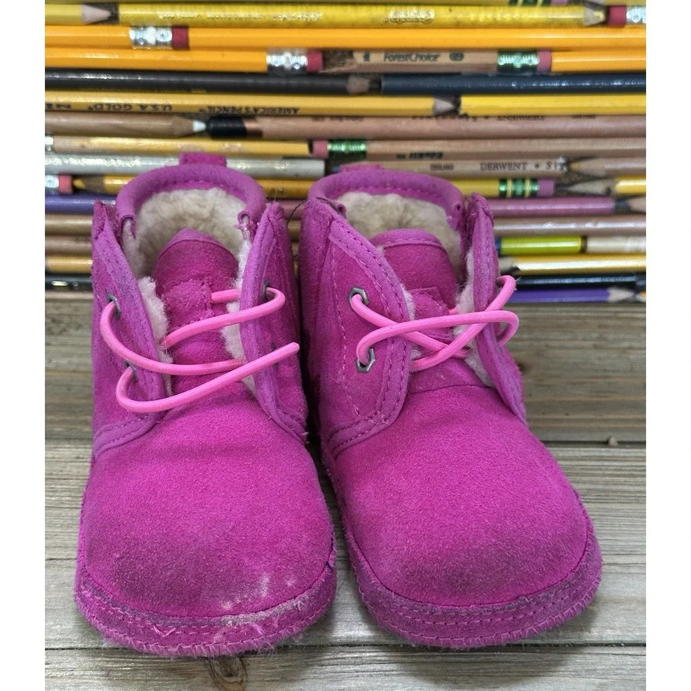 UGG Suede Pink Baby Booties Neumel Colorful Fleece Lined Easy On Off Infant Sz 5
